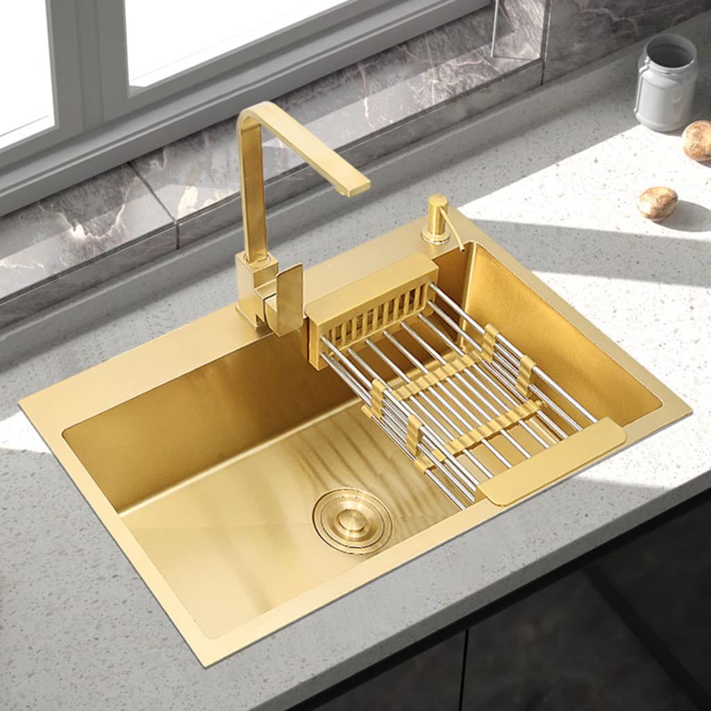 Lavello per Camper, Vasca Singola, in Acciaio Inox 304, lavello da Bar, Montaggio sopra o sottopiano, con Rubinetto Quadrato e cestello di Scarico (Oro 75x45x21 cm)