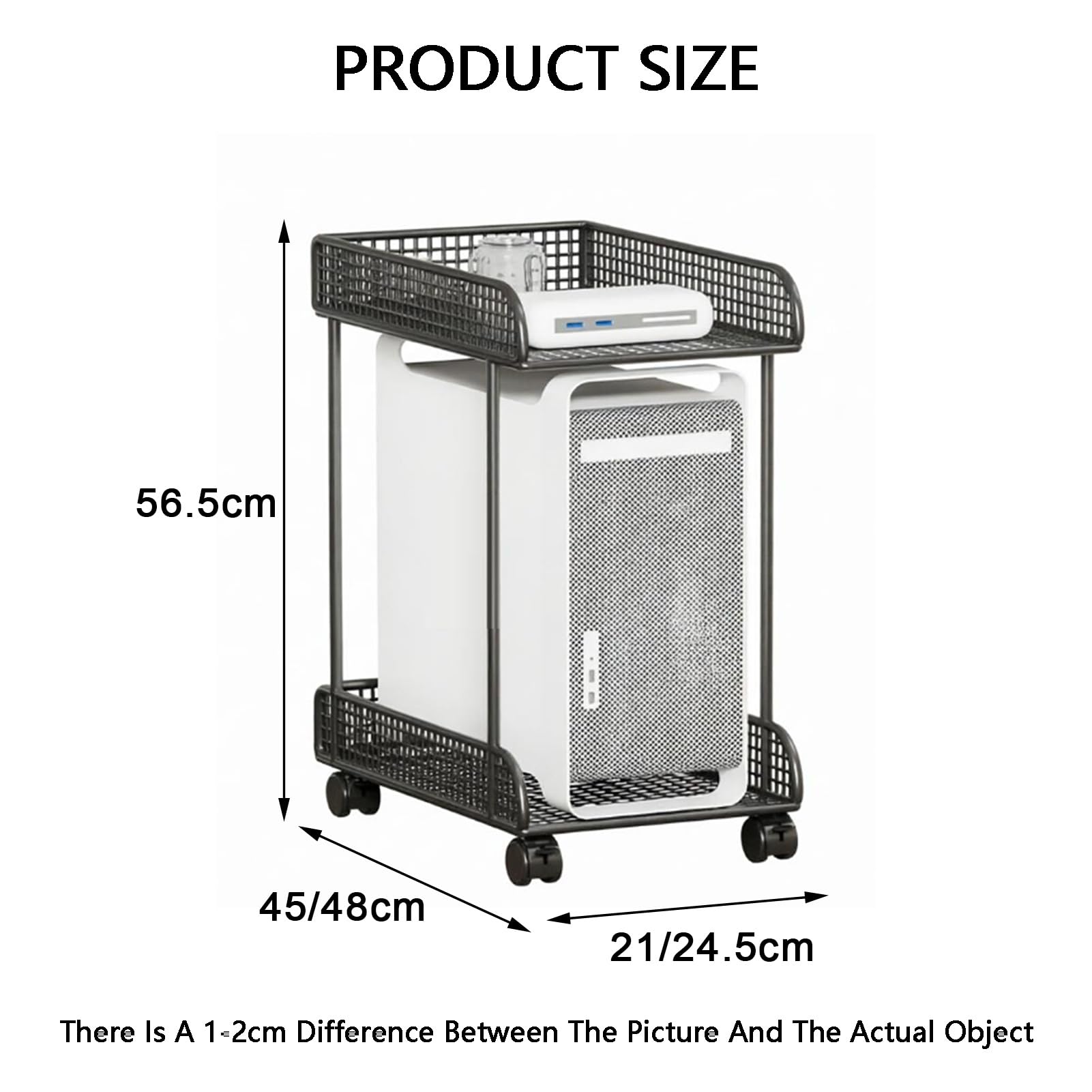 Soporte de CPU de 2 niveles con ruedas, soporte de torre de computadora de metal, carga máxima de 132 libras, diseño transpirable ventilado para juegos, oficina en casa