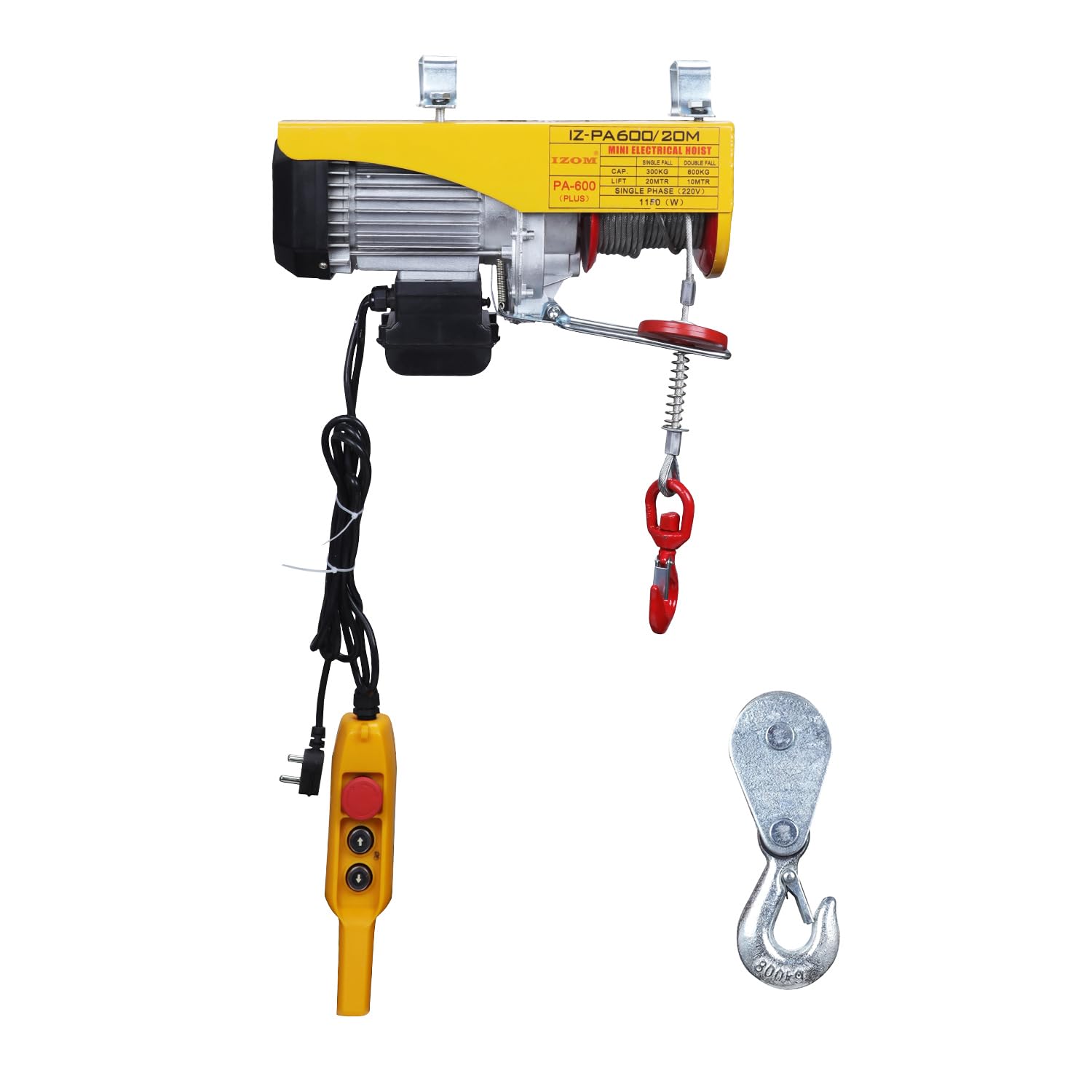 IZOM Mini Electric Hoist For Material Handling Lifting in Factories, Warehouses, Construction Site, Single Phase 1150W Powerful Motor Single/Double Slings Lifts 20 Meter (600kg)