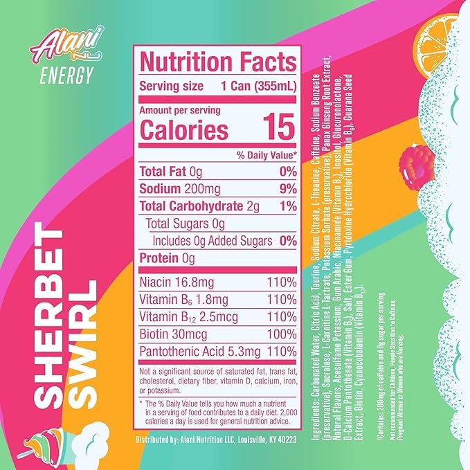 New Alani Energy Drink Sherbet Swirl & Watermelon Wave – 200mg Caffeine | Antioxidants | Biotin, B Vitamins | Zero Sugar | 15 Calories or Less | 12 Oz Cans | (6 Cans – 3 of Each Flavor)