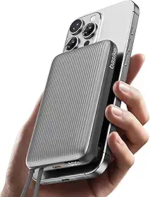 Basike Power Bank 10000mAh, 15W Carregador Portátil Universal por Indução, PD até 22,5W (1 Porta + Cabo Integrado), Compatível com Samsung S25/24/23/22/21, iPhone Séries 16/15/14/13 e MagSafe – Cinza