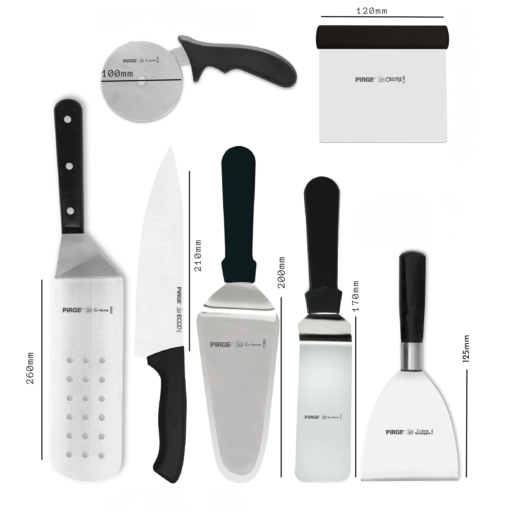 Set di utensili per pizzeria Pirge - Set professionale in acciaio inox da 7 pezzi per pizzaioli - Rotella per pizza, spatola, raschietto per impasto, coltello da chef e altro - Manico ergonomico