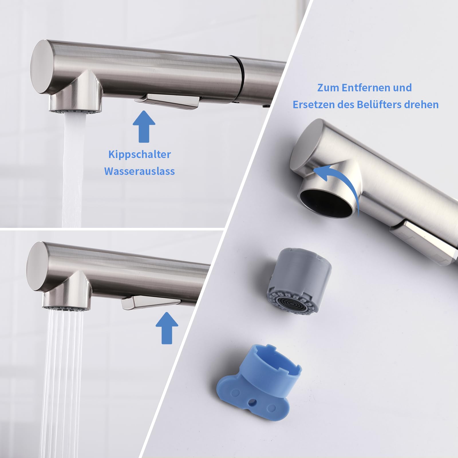 Wasserhahn Küche Ausziehbar Küchenarmatur mit Glasspüler, Dual-Auslauf | LakeBayMZC Küchenarmaturen Armatur Küche Mischbatterie Spültischarmatur, 360°-Drehung, 304 Edelstahl Gebürstet Silber