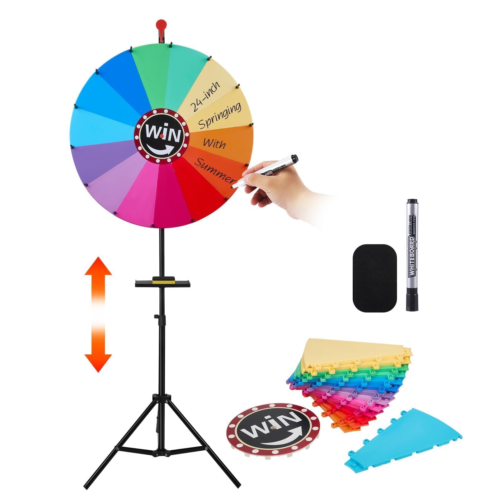 Ruota portafortuna 60 cm con portapenne, ruota della fortuna regolabile in altezza, per giochi della lotteria, giochi di parole, diametro 60 cm