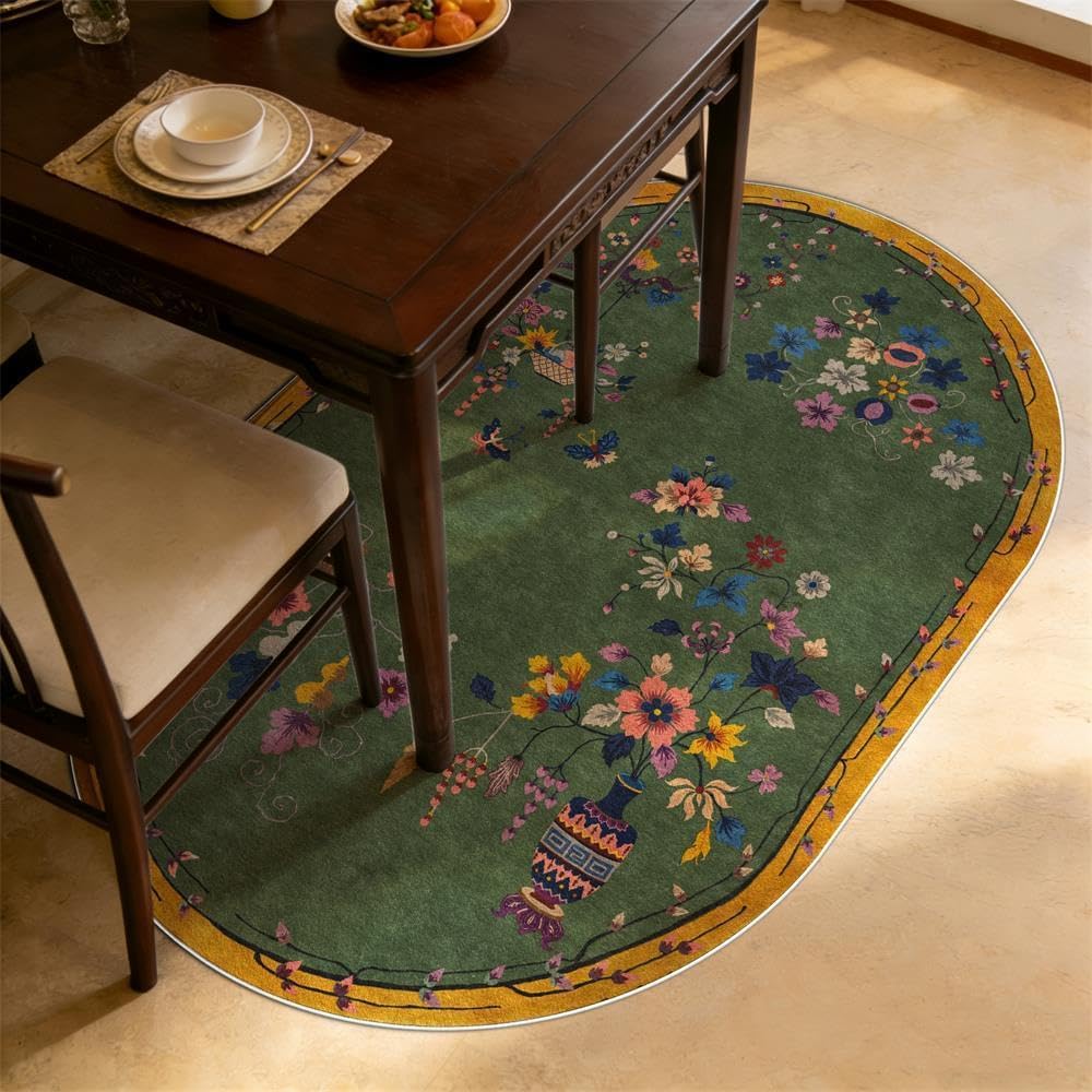 Kurzflor Oval Teppiche Esszimmer, Schlafzimmer Kurzflor Teppich für Arbeitszimmer Büro, Retro-Blumenmuster in verschiedenen Grüntönen Oval 160x230cm