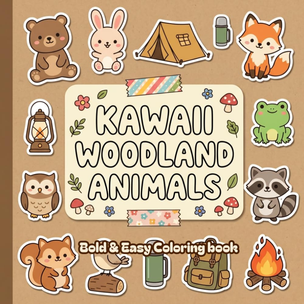 Kawaii Woodland Animals Coloring Book: Bold & Easy Cozy Camping Adventures with Cute Forest Friends, Happy Nature Scenes & Relaxing Coloring Fun