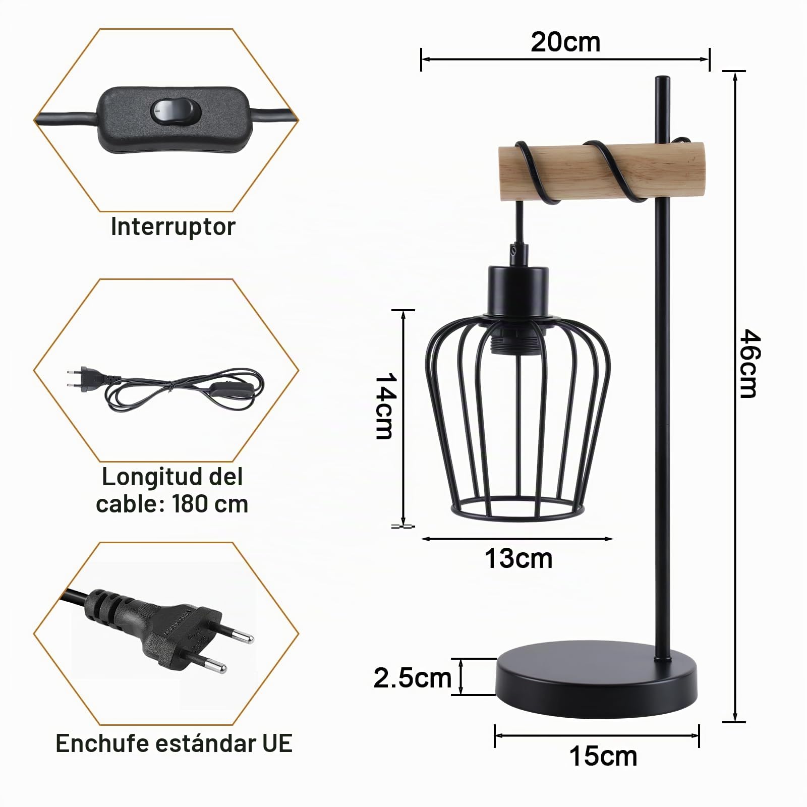 ZMH 2er Lámpara de mesa vintage de madera para salón: Lámpara de noche negra industrial de metal, casquillo E27, estilo retro para dormitorio, hotel - Sin bombilla