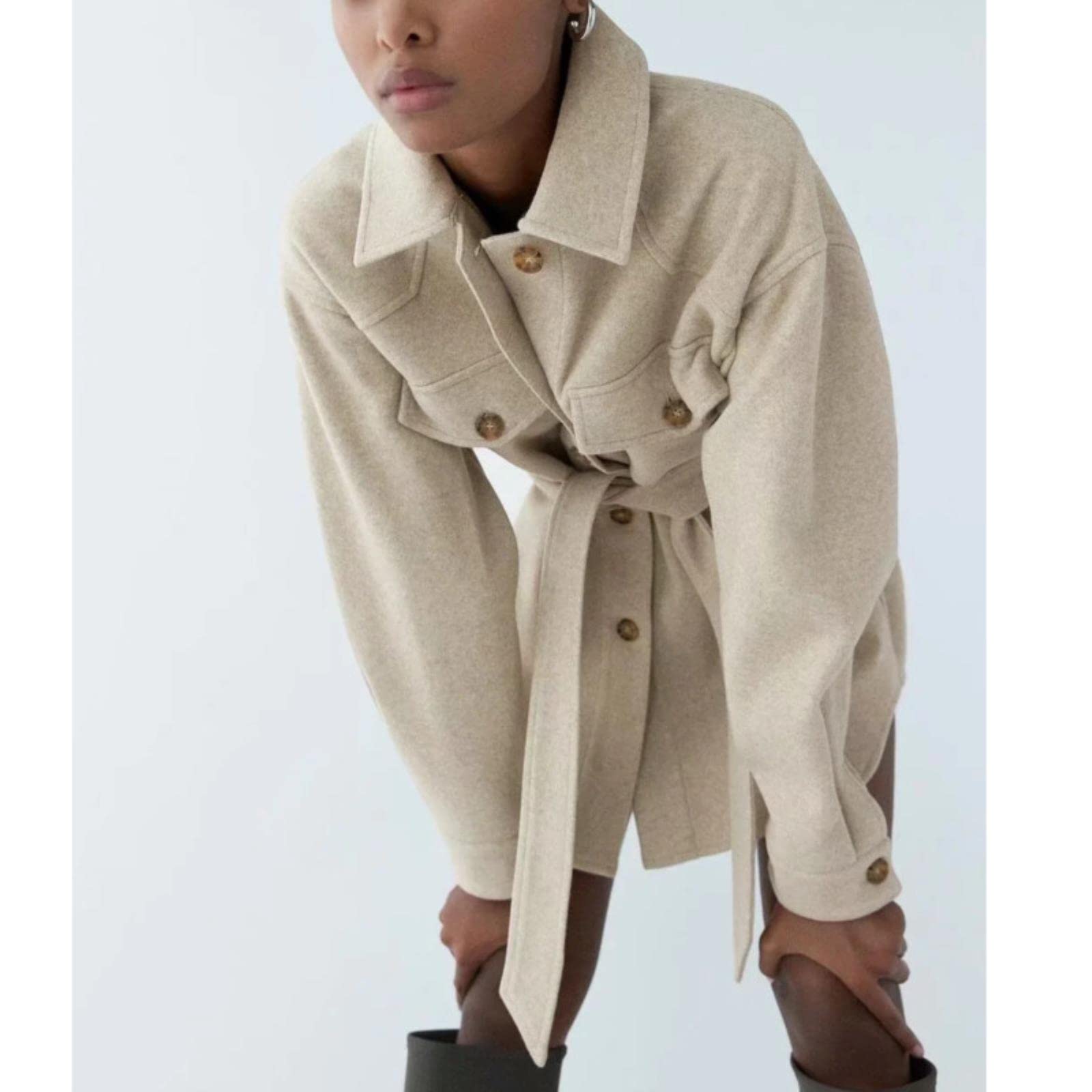 ZXCL Winter Wool Wrap Coat, Women's High Waist Tunic, Bandage