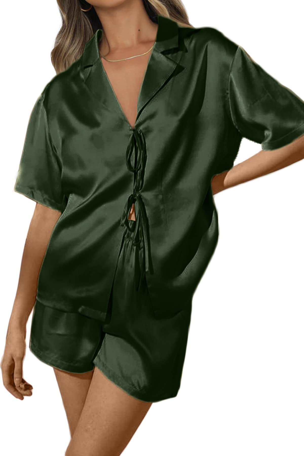chyrii women39s silk satin pajamas sets tie front short sleeve tops and shorts two piece pj sets sleepwear