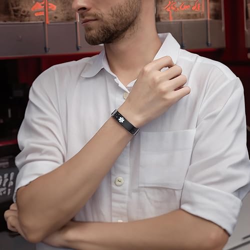 Miniatura 5 de LinnaLove Pulseras de identificación médica para hombres, pulseras médicas de emergencia grabadas sin titanio