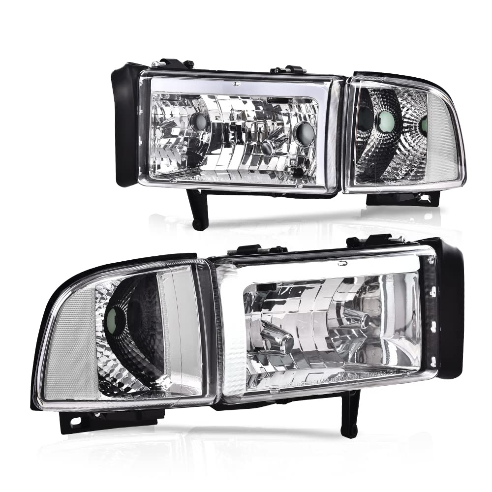 GRAND ORANGE LED DRL Headlights Assembly, Compatible with Dodge Ram 1500 2500 3500 1994-2002 Clear lens Chrome Housing Clear Reflector Head Lamps