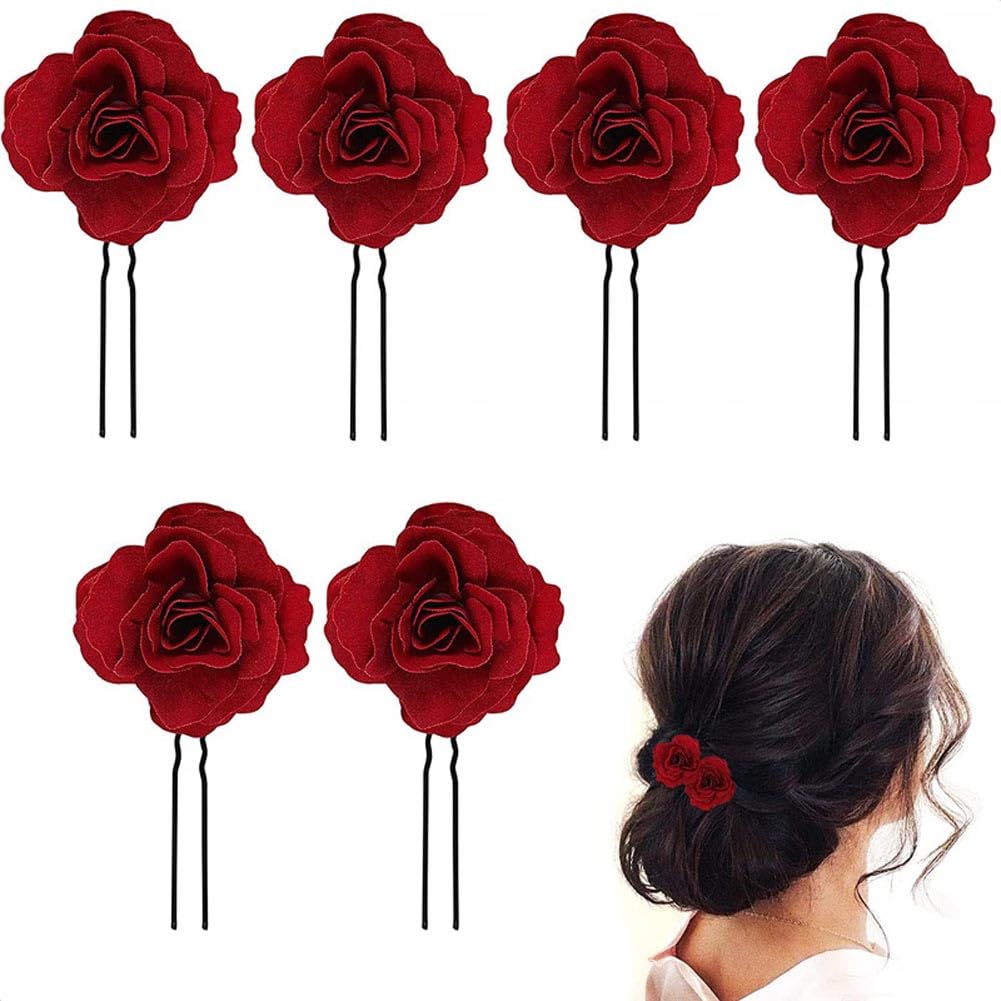 6-Pack Red Rose Hair Clips, U-Shaped Rose Hairpins, Bridal Hair Accessories