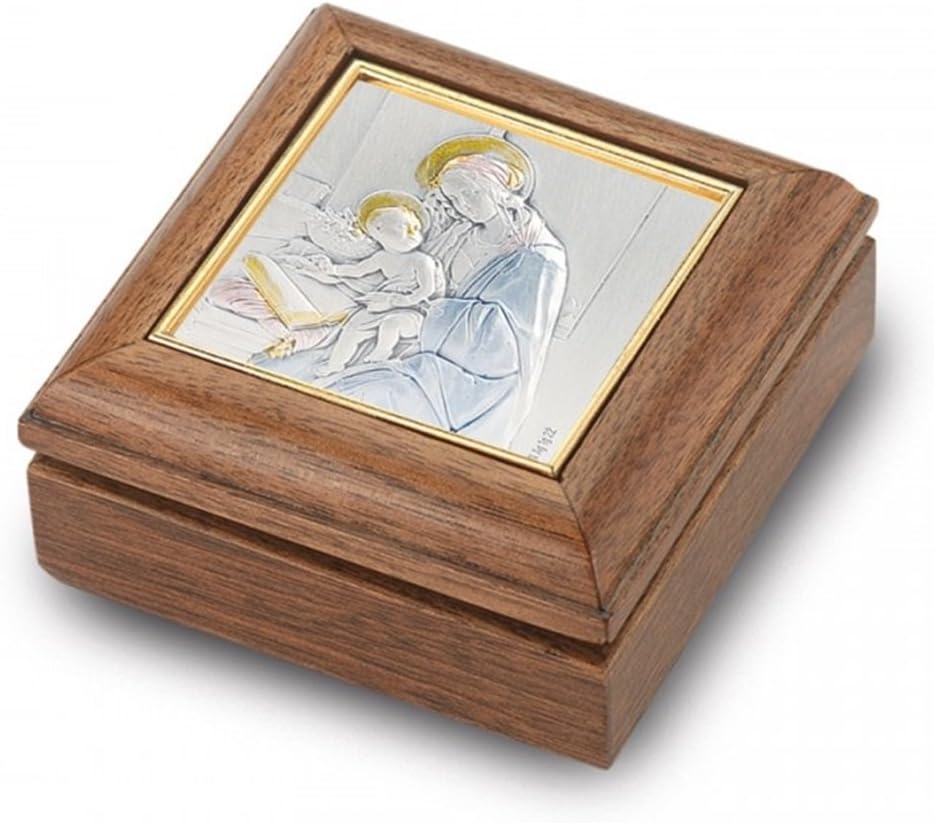 Virgin Mary with Child Silver Plated Image on Walnut Rosary Keepsake Box