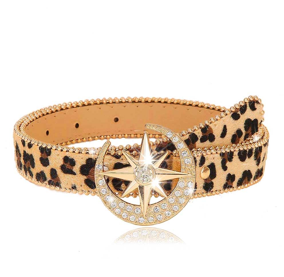 Yalice Brown Leopard Belt for Women Western Cowgirls Belt Ladies Dress Belts with Rhinestone Buckle