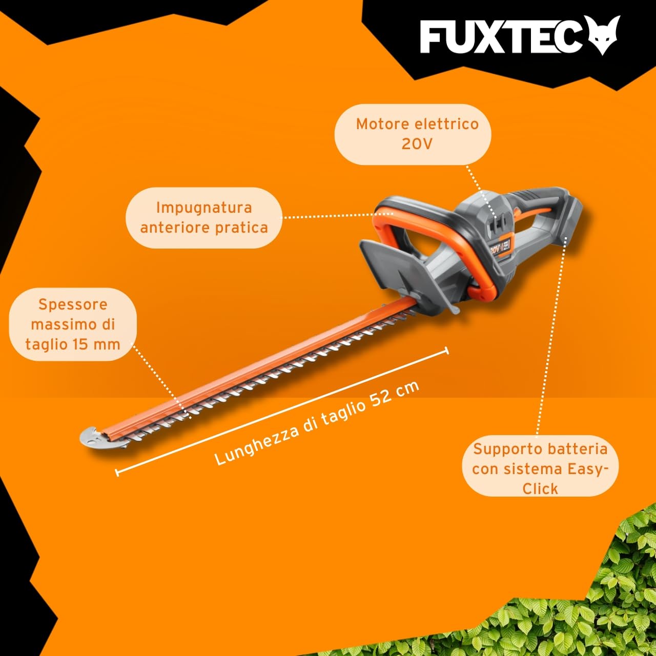 Fuxtec Tagliasiepi a Batteria 20V FX-E1HS20 - Kit incl. Batteria e Caricabatterie -Lunghezza di Taglio di 520mm per Rami Fino a 15mm di Diametro- Una Batteria per Tutti i dispositivi a 20V.