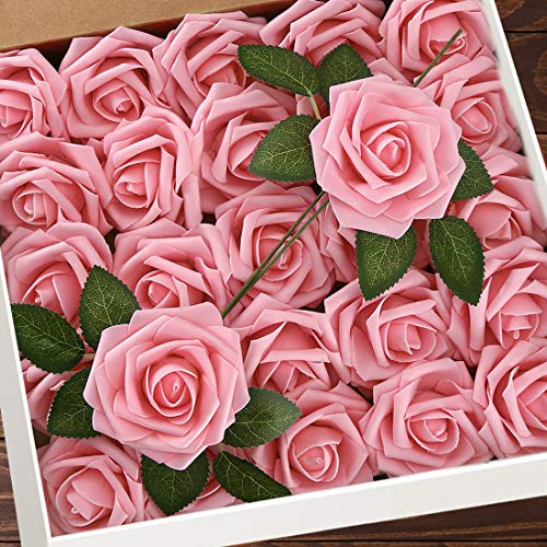 Higfra Artificial Flowers 25pcs Real Looking Pink Foam Fake Roses with Stems for DIY Wedding Bouquets White Bridal Shower Centerpieces Arrangements Mothers Day Party Tables Decorations
