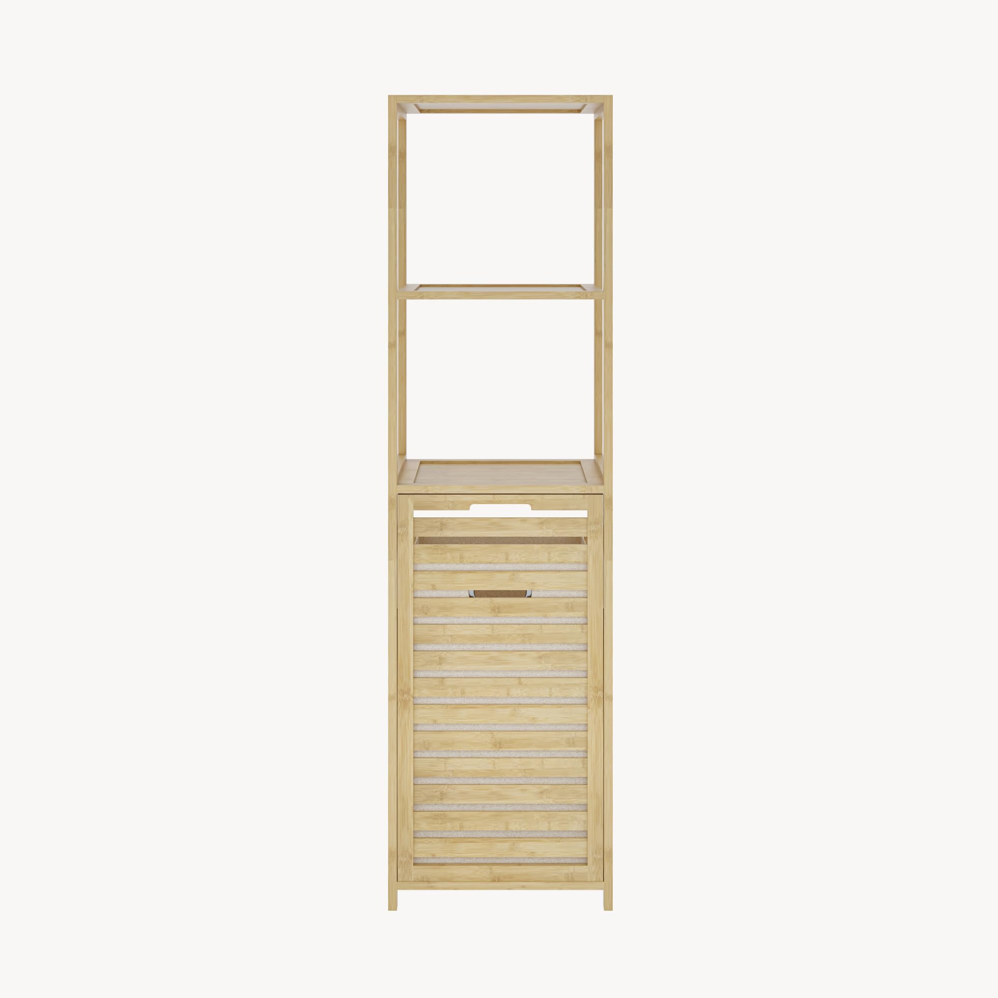 [en.casa] Mueble de Baño Anun Estantería con Cesto para Ropa Sucio Mueble Auxiliar Armario Midi para Cuarto de Baño Dormitorio Bambú 130 x 36 x 33 cm - Natural/Beige