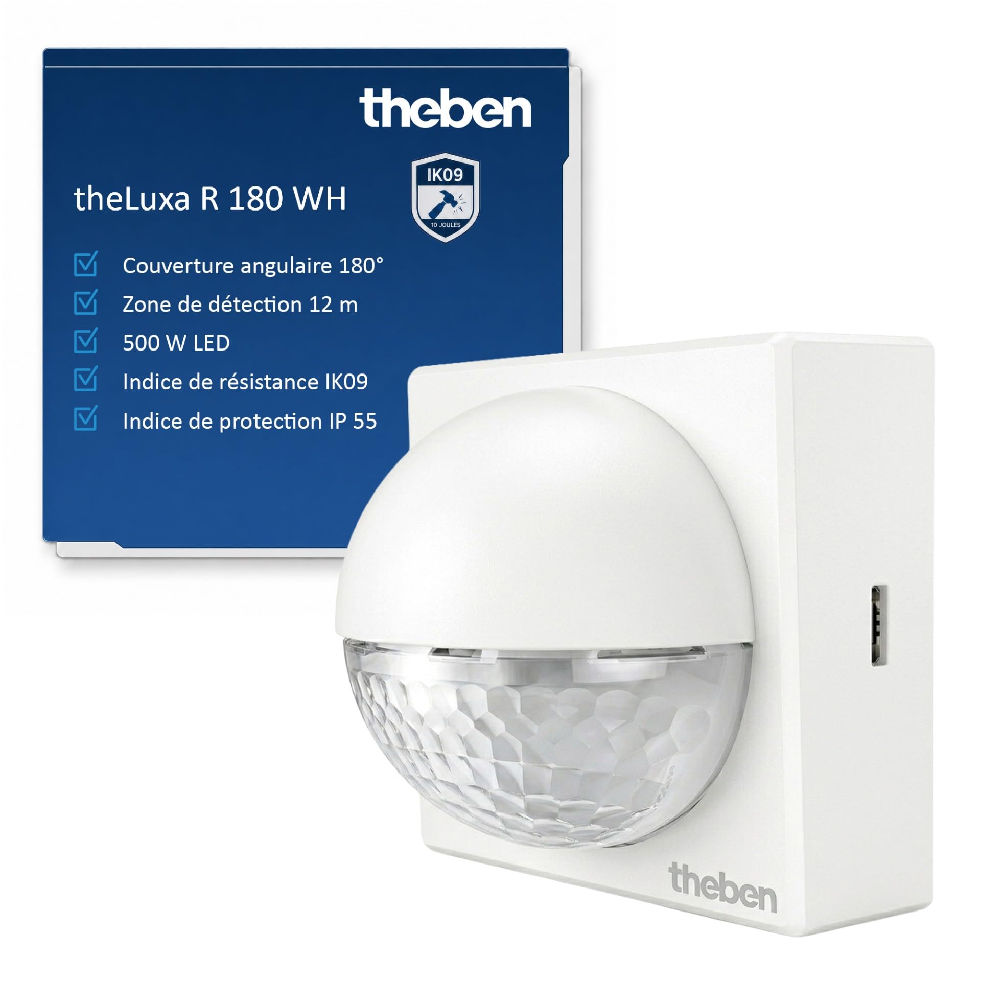 Theben 1010200 theLuxa R180 WH - Détecteur de Mouvement Passif Infrarouge Blanc - Couverture Angulaire 180° - pour l'extérieur