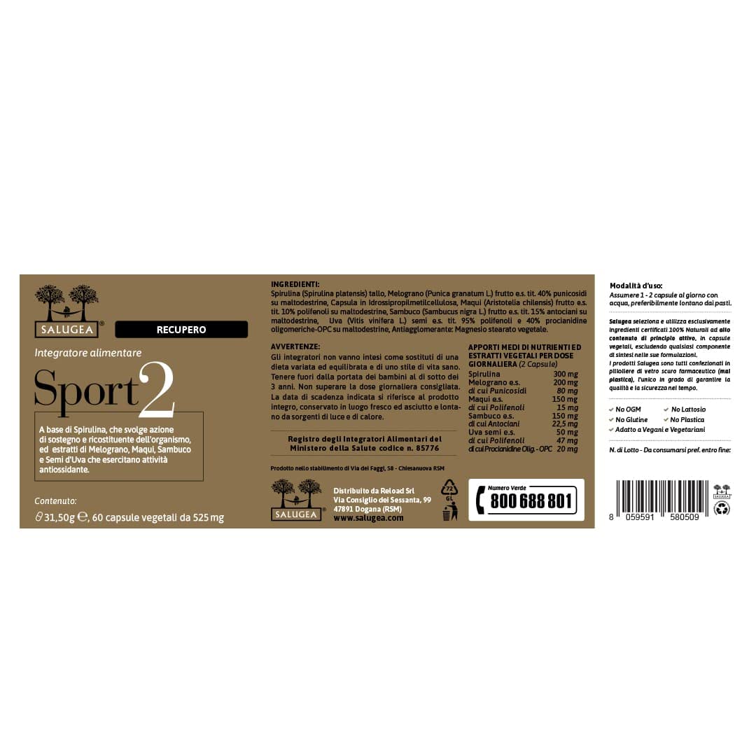 Sport 2 Recupero Salugea - Integratore per il Recupero Energetico e Muscolare Post-Allenamento - 100% Naturale con Spirulina, Melograno, Sambuco, Maqui, Semi D'Uva - No Caffeina-60 capsule vegetali