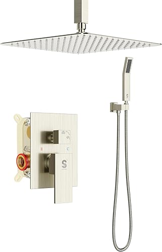 Miniatura 115 de SR SUN RISE Sistema de ducha montado en el techo de 12 pulgadas, mezclador de lluvia, sistema de cabezal de ducha de lluvia, dorado cepillado, Oro