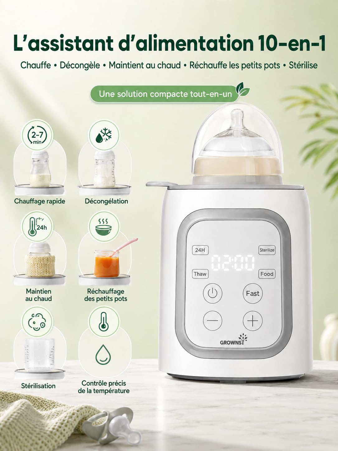 GROWNSY Chauffe-Biberon 10-en-1, Chauffage Rapide pour Lait Maternel et Lait Infantile, Contrôle Intelligent de la Température et Arrêt Automatique, Indispensable pour Nouveau-Né, Rose Poudré
