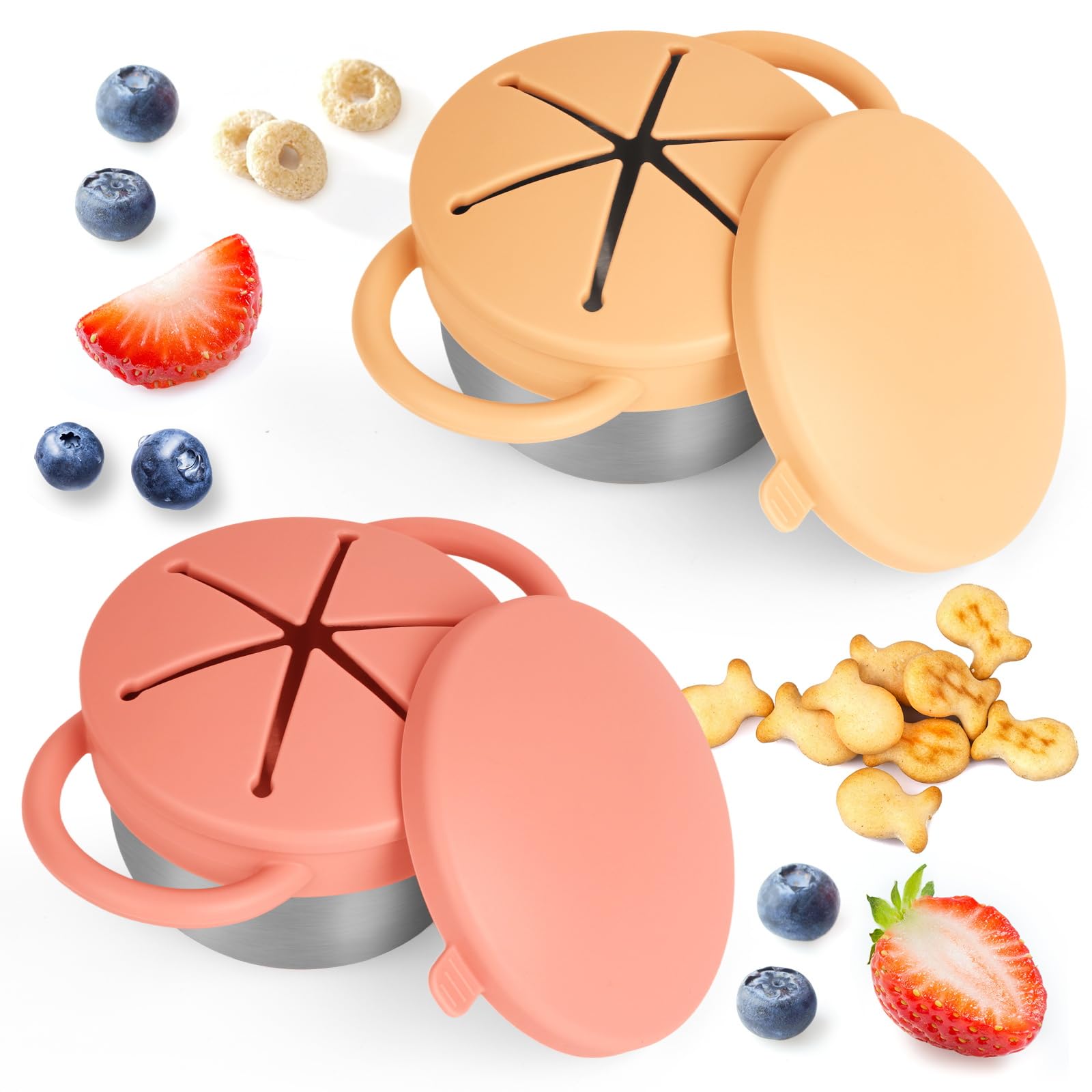 Photo 1 of Daximo 2 Pack Snack Cups for Toddlers Spill Proof - Detachable Stainless Steel Toddler Snack Cups with Silicone Lids & Handles - Dishwasher Safe Snack Container (Orange and Yellow)