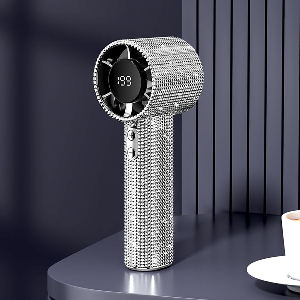 Portable Handheld Turbo Fan, Fashion Full Diamond 1800mAh USB Rechargeable Mini Pocket Fan, Personal Battery Operated Fan for Travel, Outdoor, Beach, Vacation