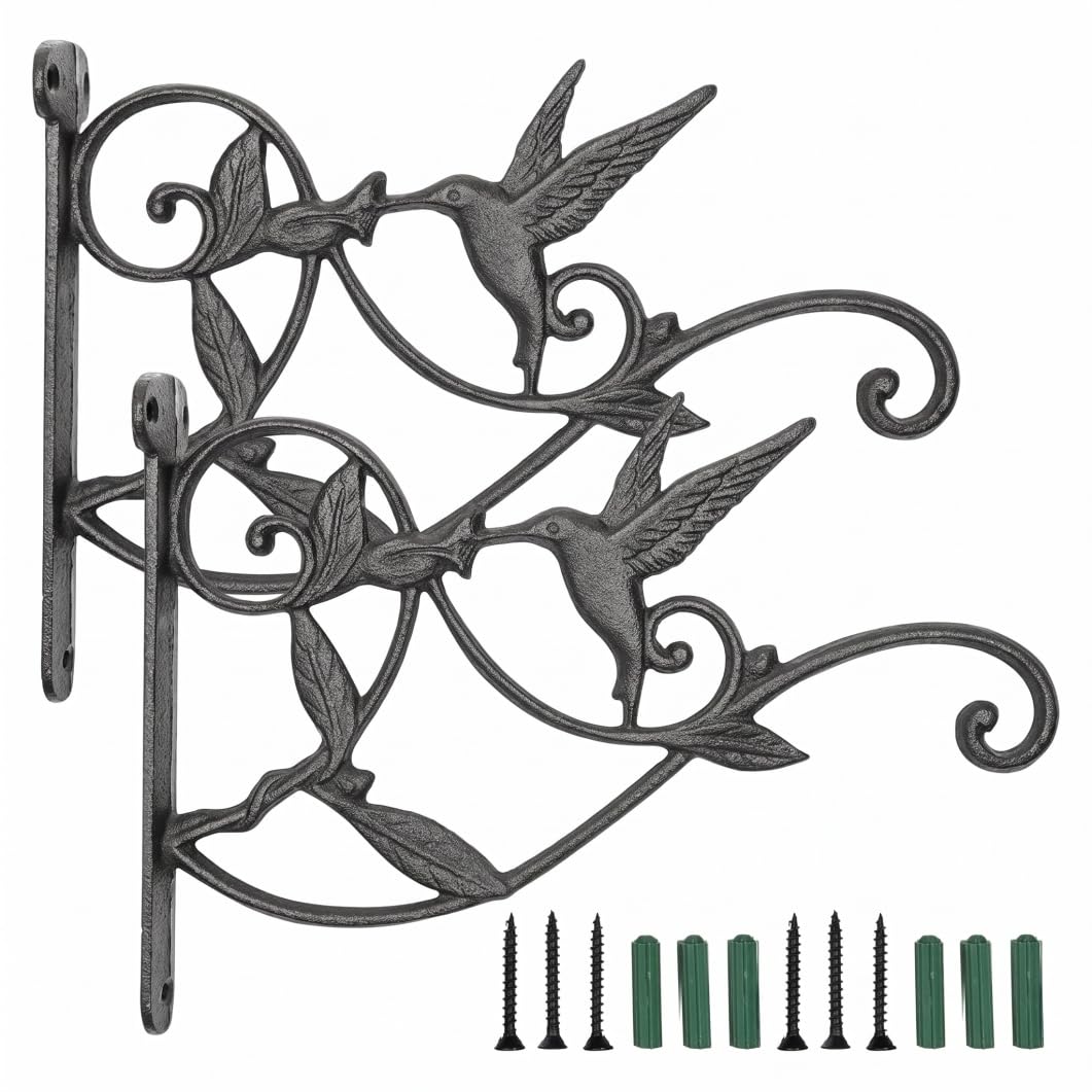 Outdoor Plant Hanger, 2 Pack Cast Iron Hooks, Rustic Black, Compact