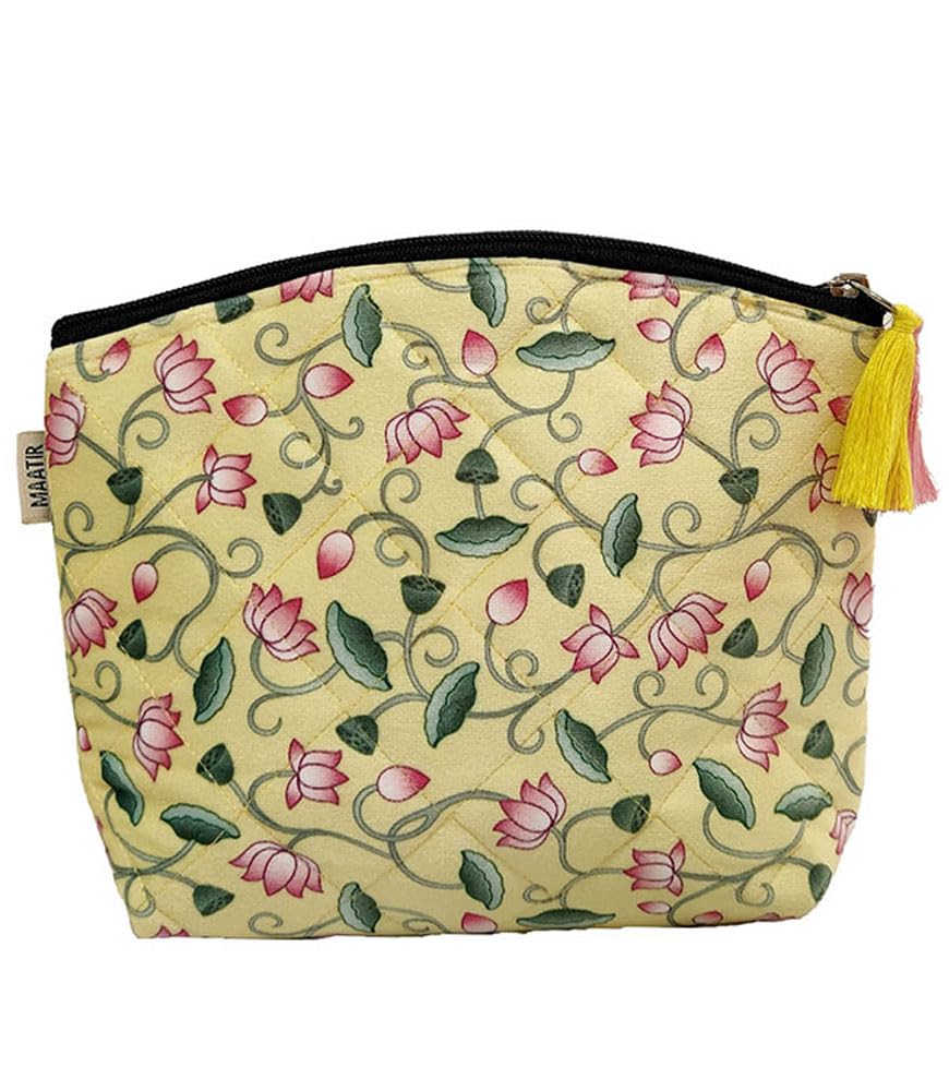 Medium Yellow Art Velvet Pichwai Lotus Travel Pouch with Pink Lotus Print-Multi-Use Cosmetic, Toiletry & Accessories Pouch-image-0
