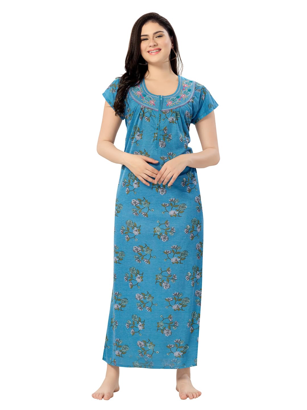 for you for me Women's Cotton Hosiery Rose Printed Nighty Maxi Gown, Short Sleeve, Round Shaped Neck | Nighty Nightdress Gown for Women-picture-15