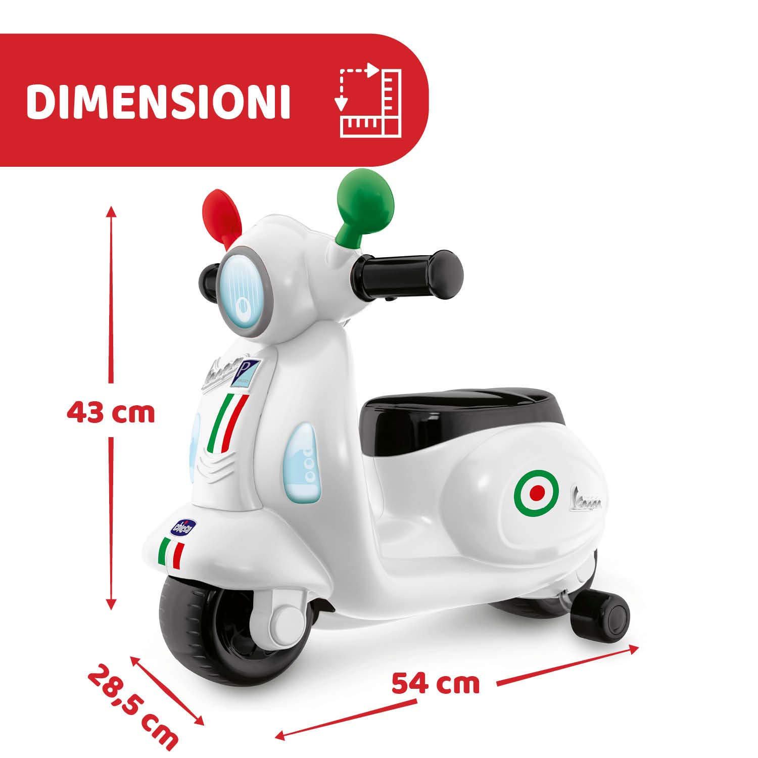 Chicco Vespa per Bambini Primavera Bianca, Moto Giocattolo Cavalcabile con Pannello Elettronico, Luci e Suoni, Ruote di Supporto Rimuovibili, Max 25 Kg, Giochi per Bambini 1-3 Anni