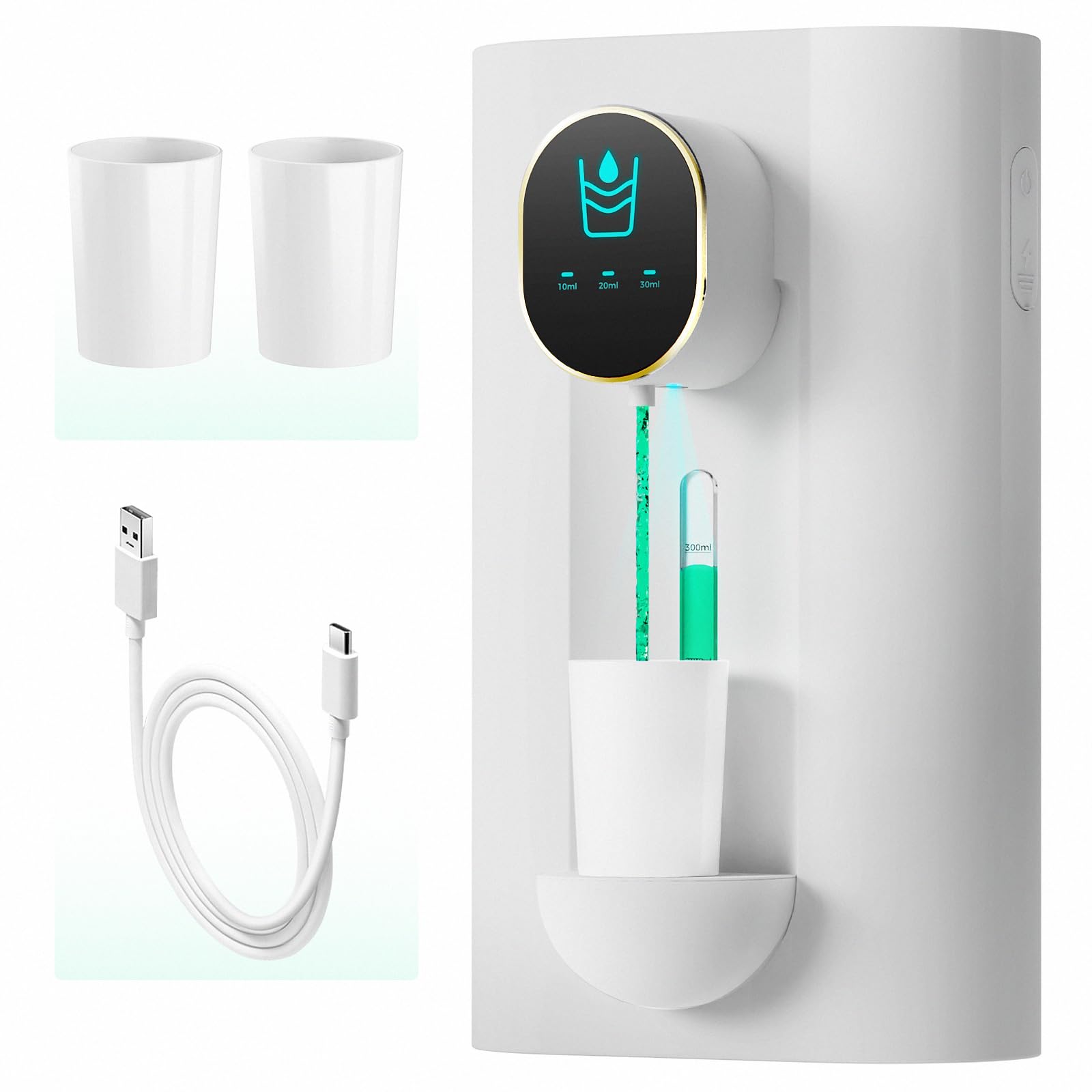 Oylik Automatic Mouthwash Dispenser 18.26 oz Touchless Mouthwash Dispenser for Bathroom 2 Magnetic Cup USB Rechargeable and 3 Dispensing Levels with Led Screen Wall-Mounted or Countertop Use-White