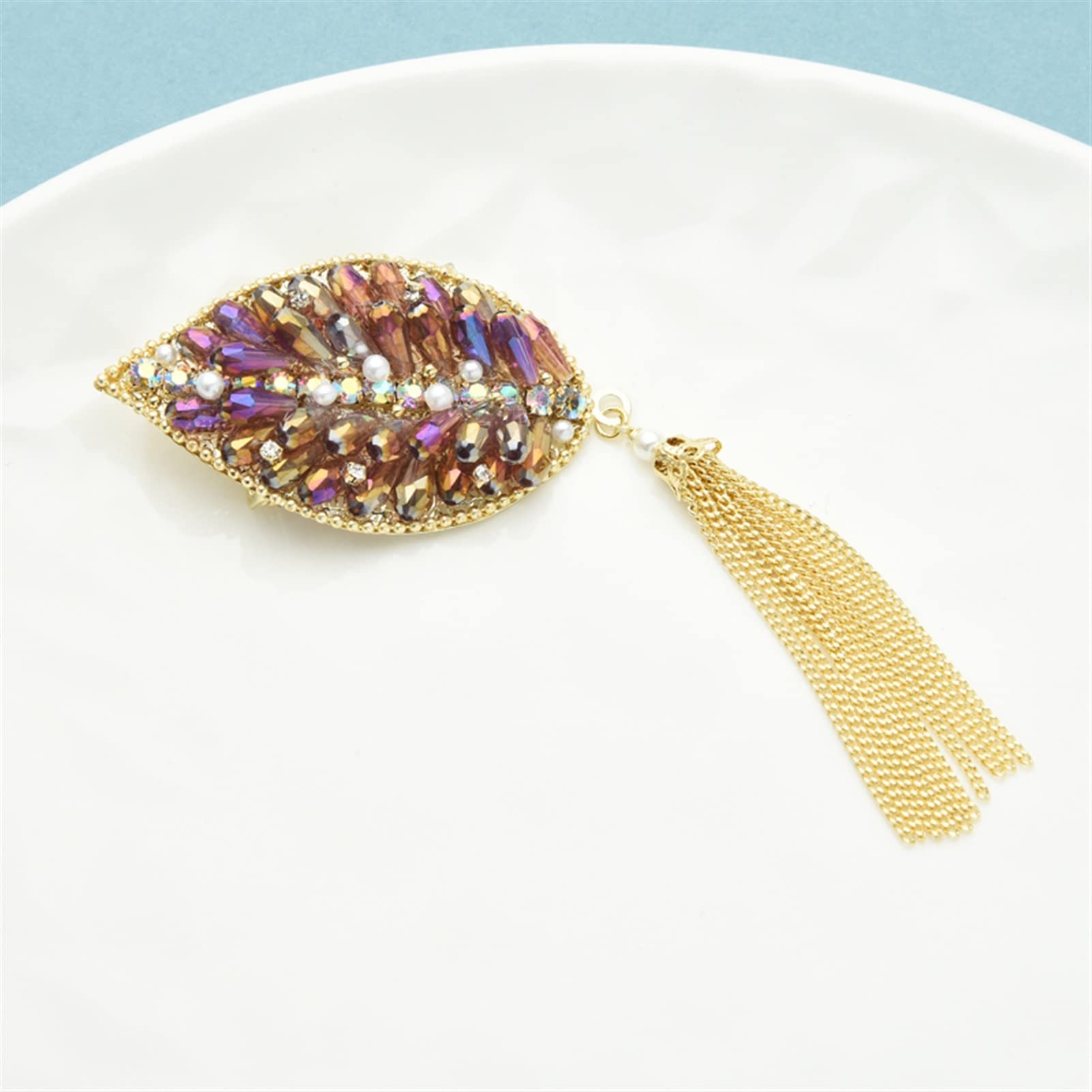 WXKAGF Brosche für Damen, elegant, glänzende Quaste, Kristallblatt-Brosche, Hochzeitsfeier-Brosche, blattförmige Brosche, Damenmode-Accessoires, Exquisite Broschen