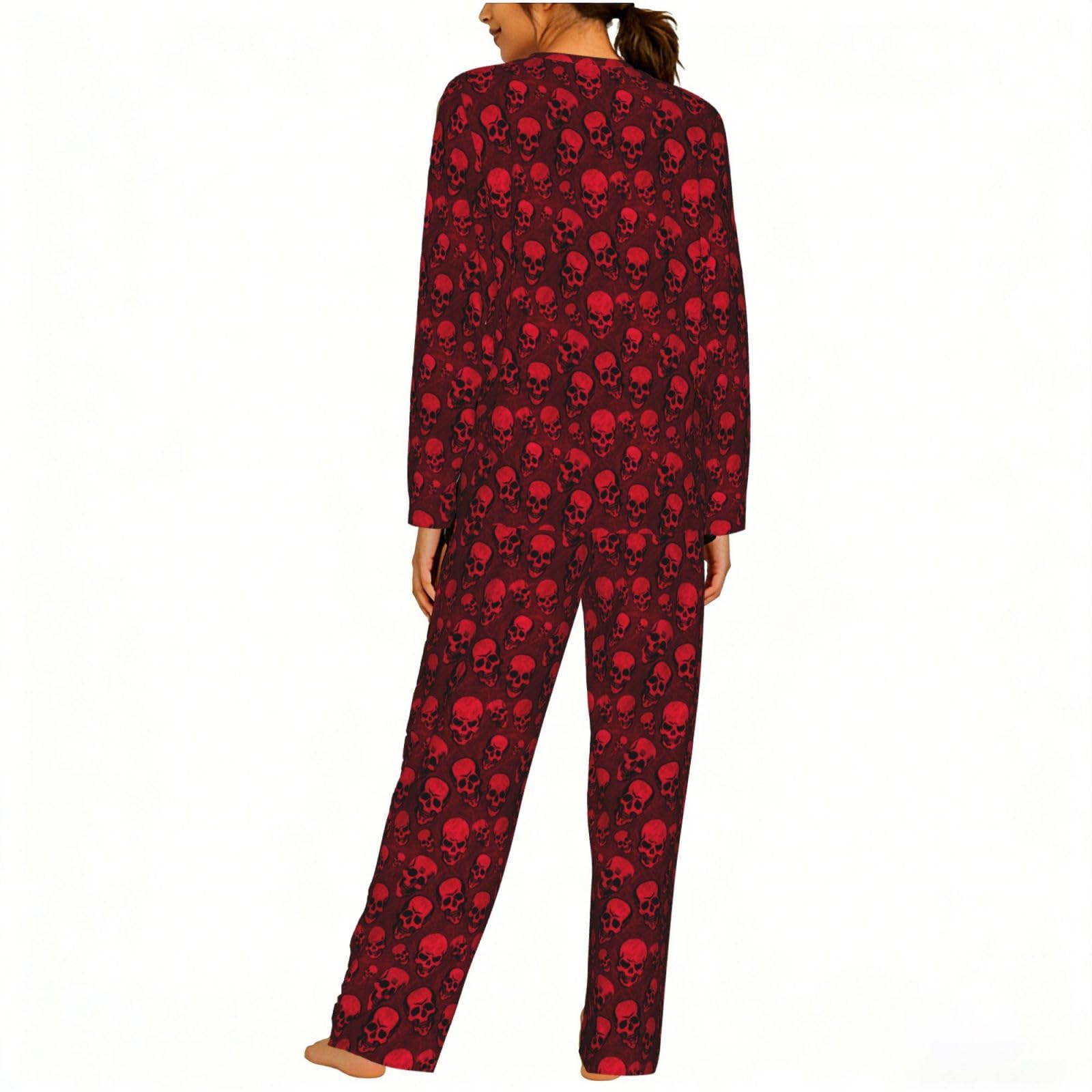 Red Skulls Stampa Donna Manica Lunga Pigiama Corrispondente Morbido Elastico Coulisse Casual Daywear