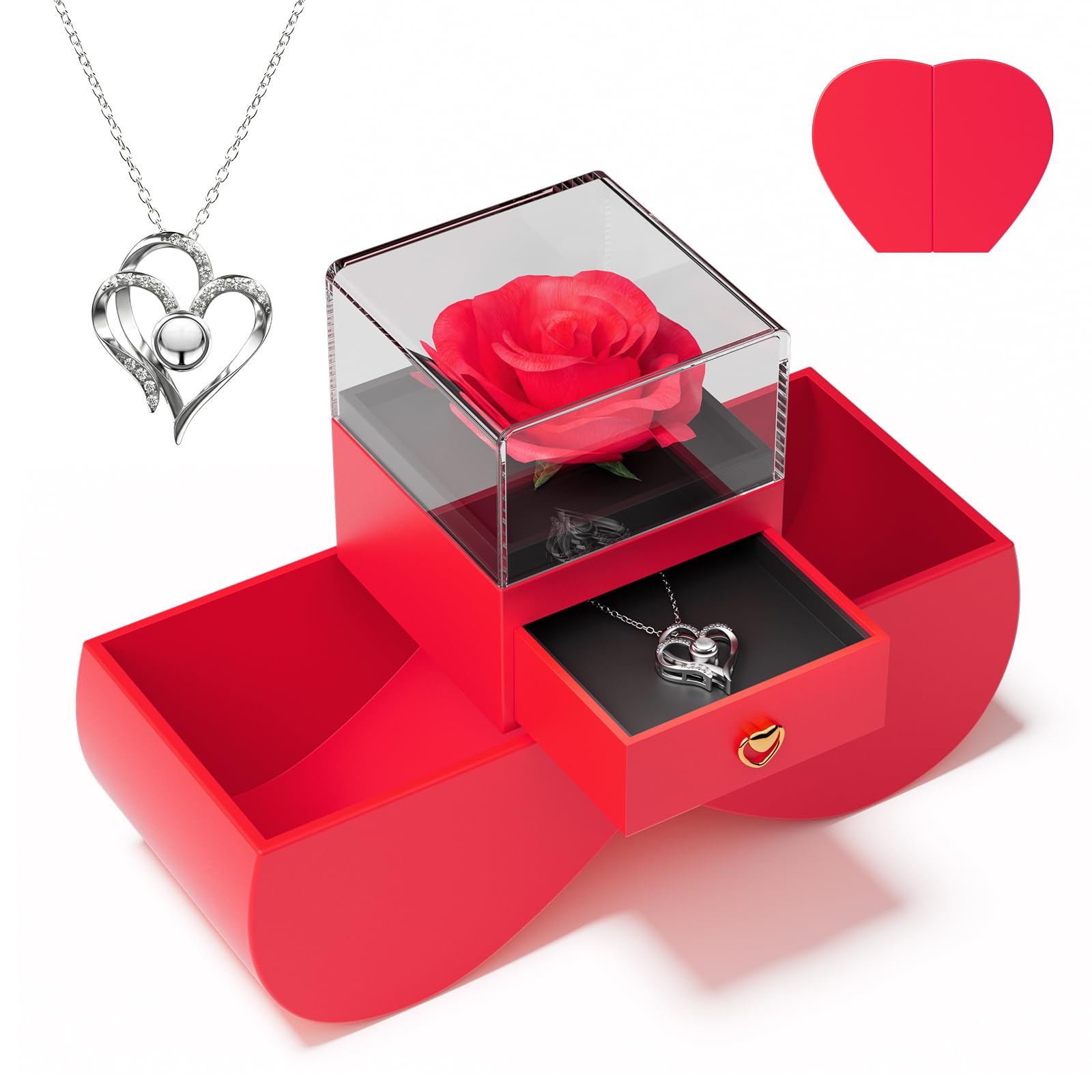 YJYJHOPE Valentines Day Preserved Rose Gifts for Women, Wife, Girlfriend, Rose with I Love You Necklace in 100 Languages, Gifts for her on Birthday, Anniversary, Mother's Day, Christmas