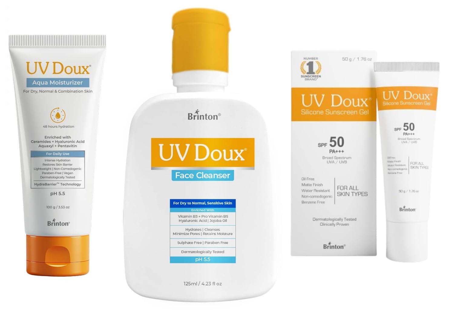 UV Doux Aqua Moisturizer 100gm | UV Doux Face Cleanser 125 ml | Uvdoux Face & Body Sunscreen Gel With Spf 50 Pa+++ 50g