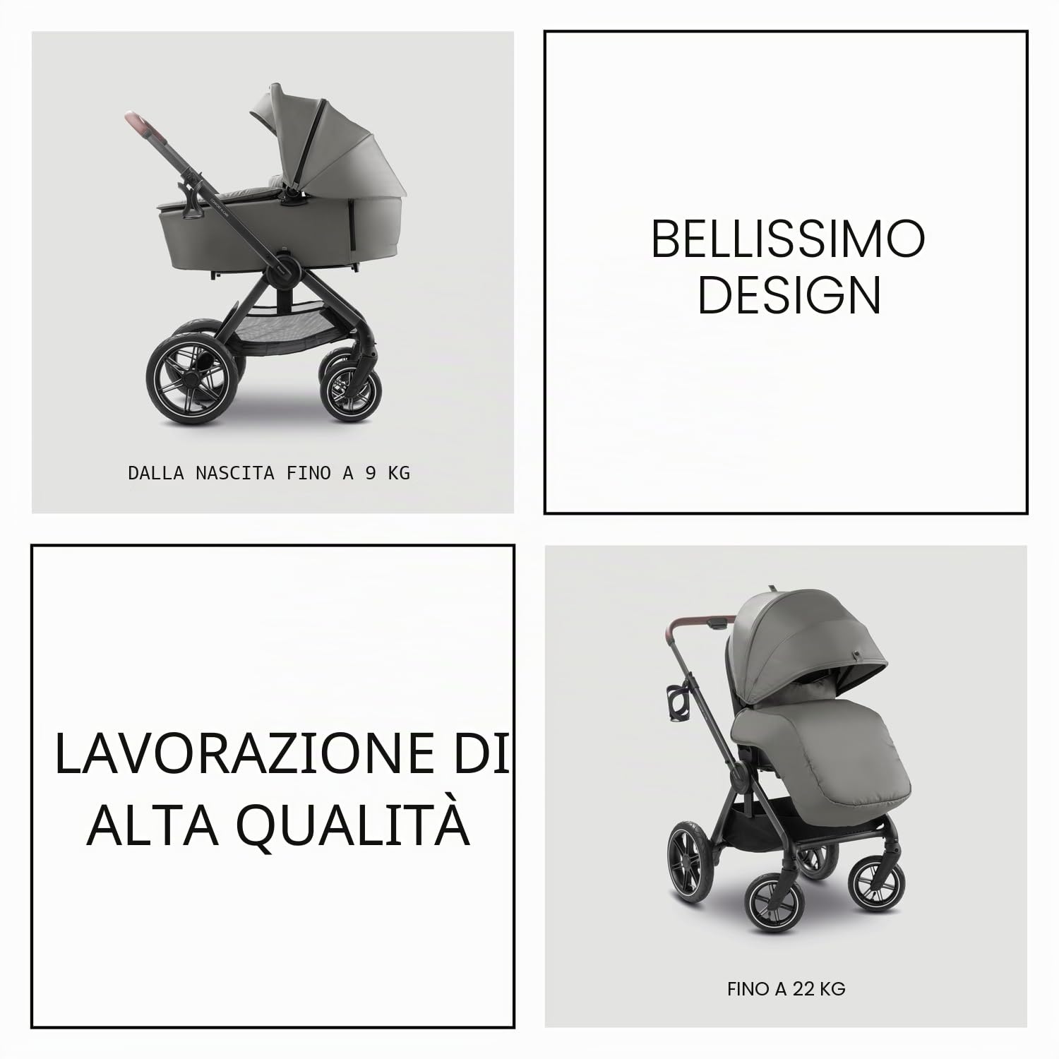 hauck Comfort N Care Air Set, Dark Grey - Passeggino 2in1 con Ruote ad Aria, Navicella Neonato con Pulsanti Memoria, Seduta Reversibile Reclinabile fino a 22 kg, Coprigambe, Portabibite, Sospensione