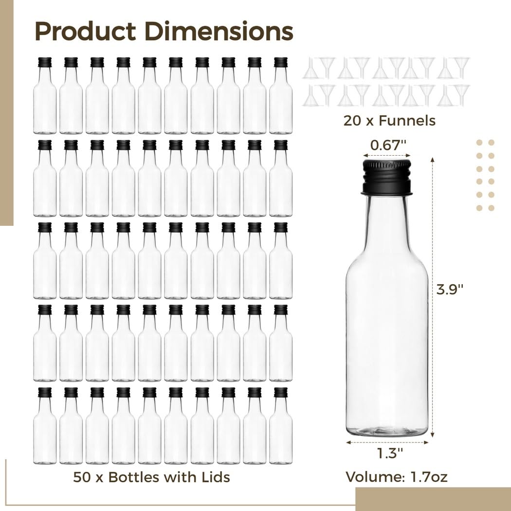 Zestaw 50 mini butelek na alkohol, 48 ml puste butelki z aluminiowymi nakrętkami, zawiera lejki, idealne na wesela i upominki imprezowe