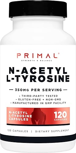 Primal Cápsulas de N-acetil L-tirosina (120 porciones, 350 mg por porción) (NALT) - Suplemento de aminoácidos sin gluten y sin OMG