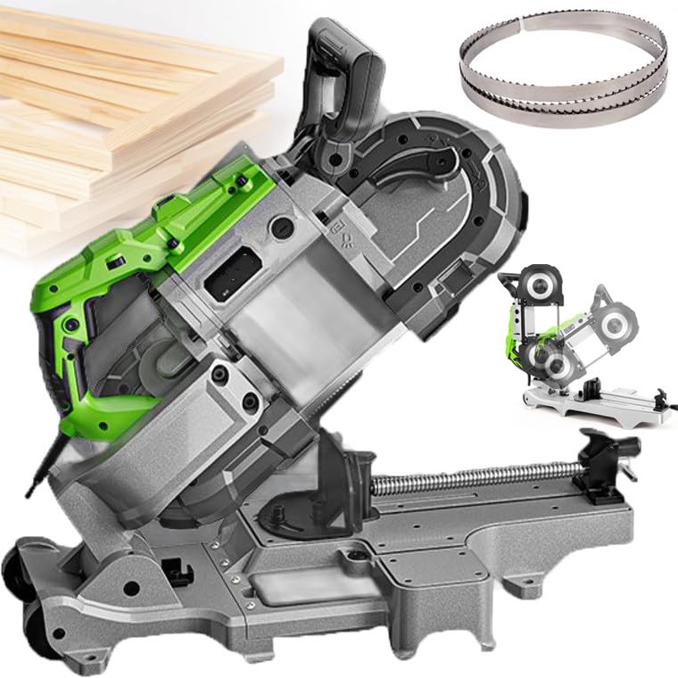 Sierra de cinta de corte de metal, modelo de banco resistente de 1100 W con 5 cuchillas, base de aluminio extraíble, 6 velocidades ajustables, corte biselado de 0-45°
