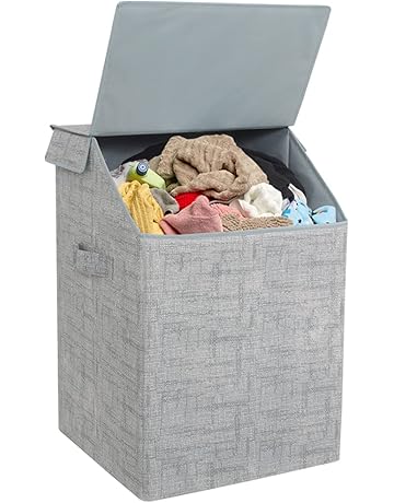 PrettyKrafts Laundry Square Shape Basket Bag/Foldable/Multipurpose/Carry Handles/Slanting Lid for Home, Cloth Storage,(Single) Jute Grey