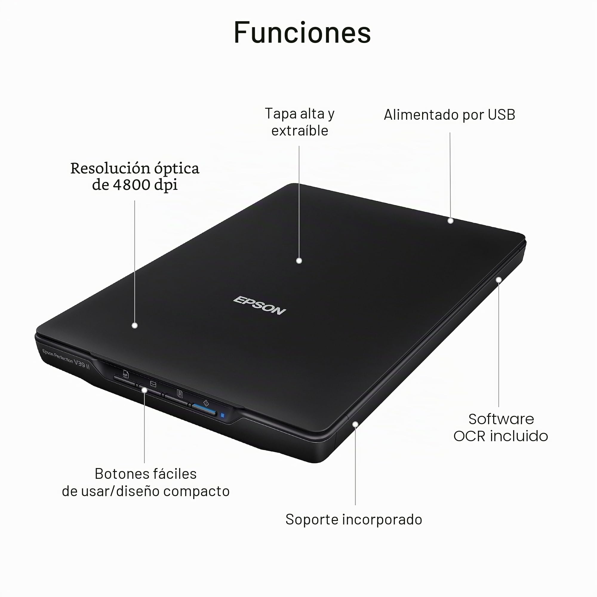Epson Perfection V39 II - Escáner Plano de Fotos y Documentos a Color con resolución óptica de 4800 PPP, escaneo a la Nube, alimentación USB y Tapa extraíble de Gran Altura