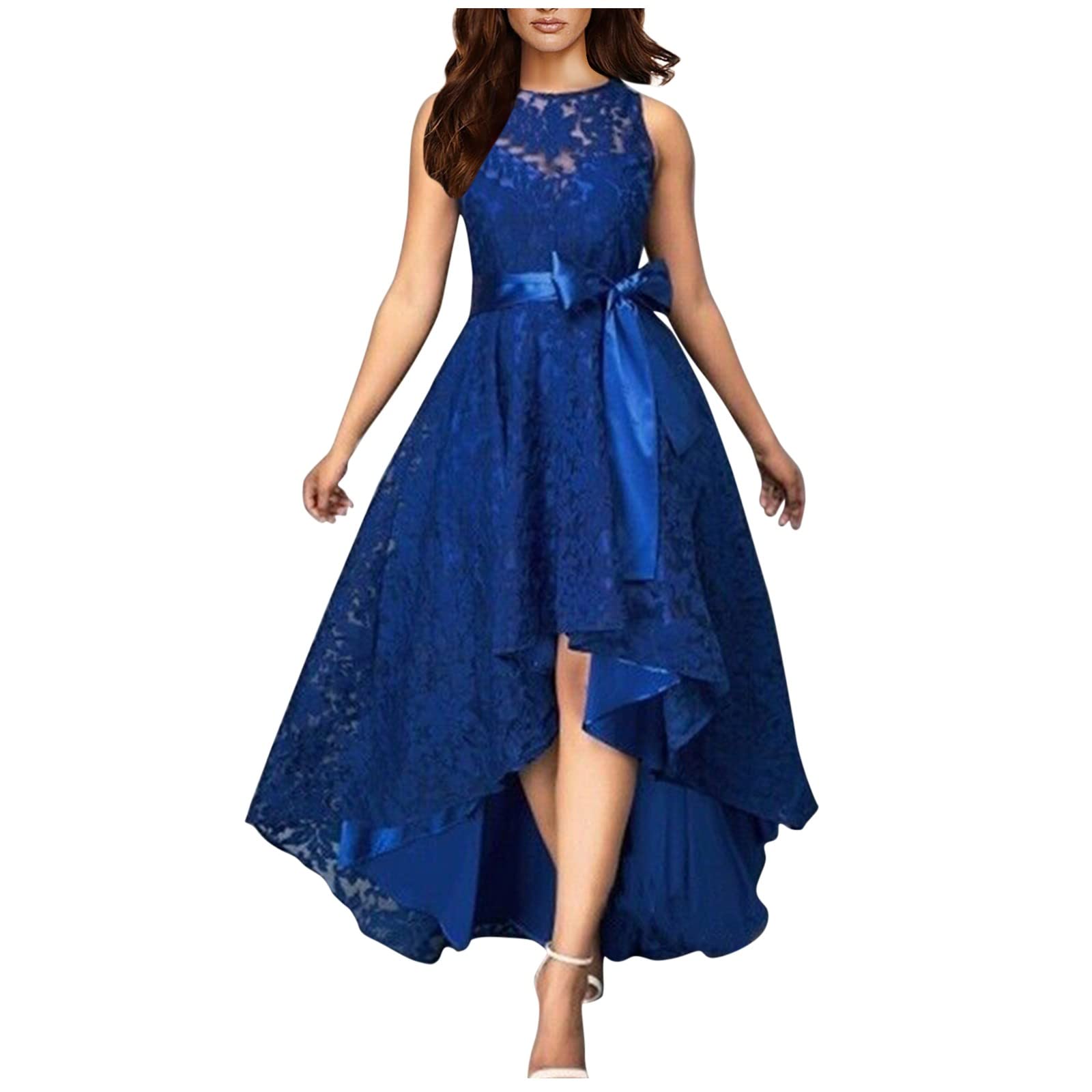 Damen Kleid Elegant Damen Spitzenkleid Schulterfrei Spitze Patchwork Asymmetrisches Rüschen Lang Kleider mit Gürtel Einfarbig Schwingen Cocktailkleid Abendkleider für Hochzeit Ballkleider