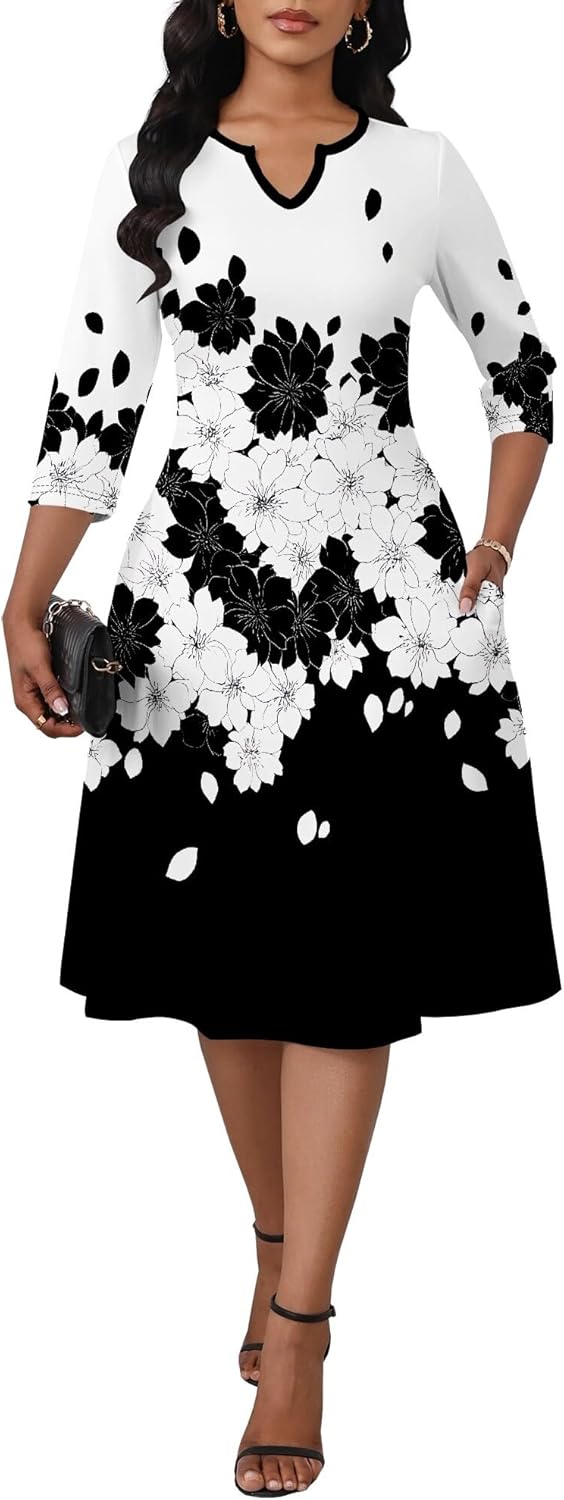 SUZONANA Midi Dresses for Women Casual 3/4 Sleeve Flowy Wedding Dress Plus Size Sundress with Pockets