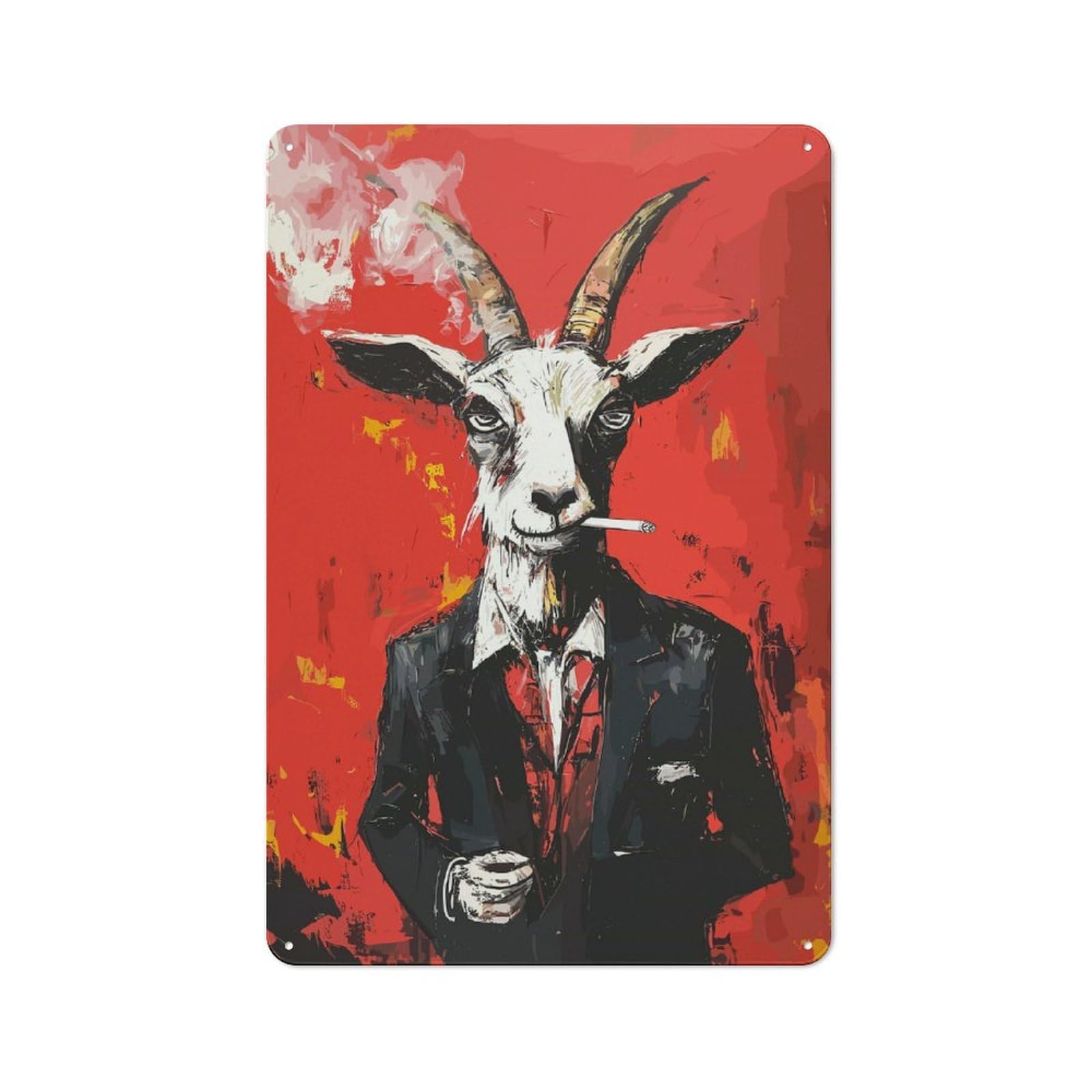 Junmoney Goat In Suit Smoking Cigarette Decorative Tin Sign With Design 30X20cm, Nostalgic Old Style Wall Plaque For Living Room, Hallway, Kitchen Or Cafe