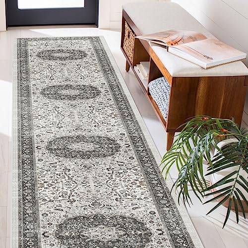 Hallway Washable Runner Rug - 2'6x14 Kitchen Rugs Entryway Rug Runner Vintage Soft Floor Mat Non Slip Indoor Farmhouse Carpet for Bathroom Living Room Bedroom (2'6''x14', Grey)