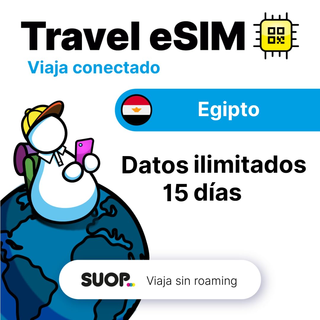Tarjeta eSIM prepago con Datos ilimitados para Egipto. Tarjeta prepago móvil para Viajar sin Roaming. Conexión de Datos de Alta Velocidad. eSIM Internacional para Egipto (GB ilimitados - 15 días)