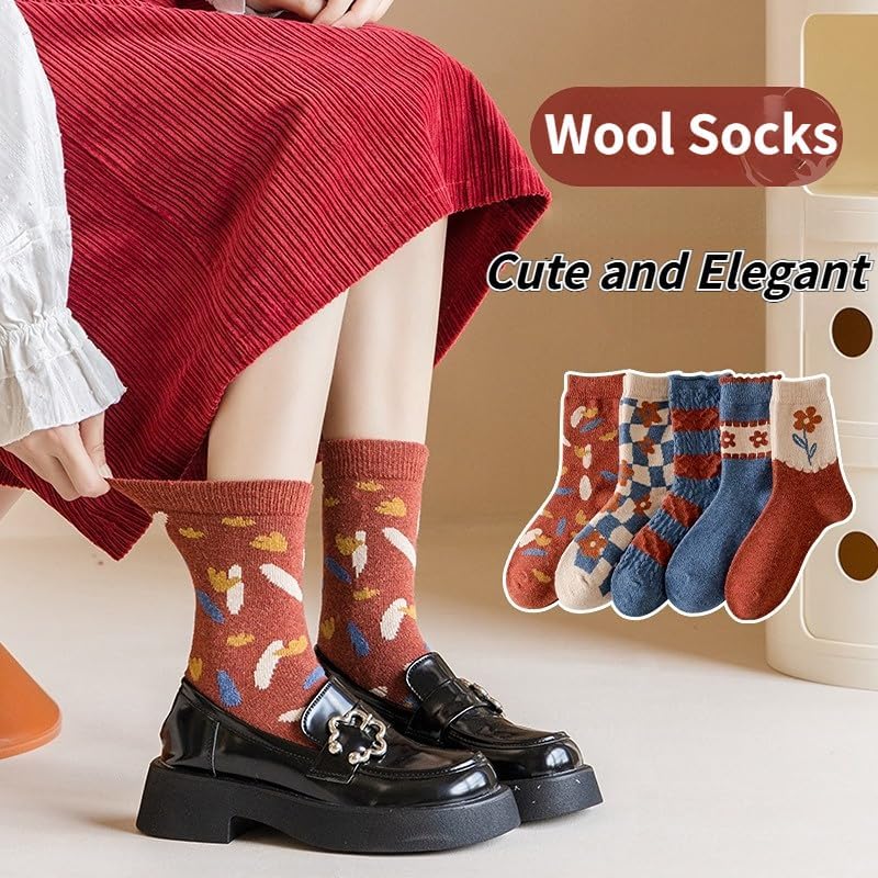 5/10 Pairs Wool Socks for Women Thick Knit Vintage Cute Floral Crew Socks (5 Pairs-Red Flowers) - Image 4