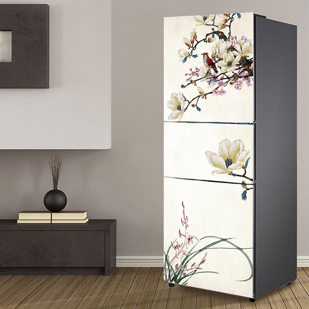 Fridge Wraps Kitchen Fridge Stickers Cover Full Doors, Fridge Sticker Full Covering Door Fridge Covers Skins wall Stickers for Kitchen Decal, Chinese Painting Flower and Bird