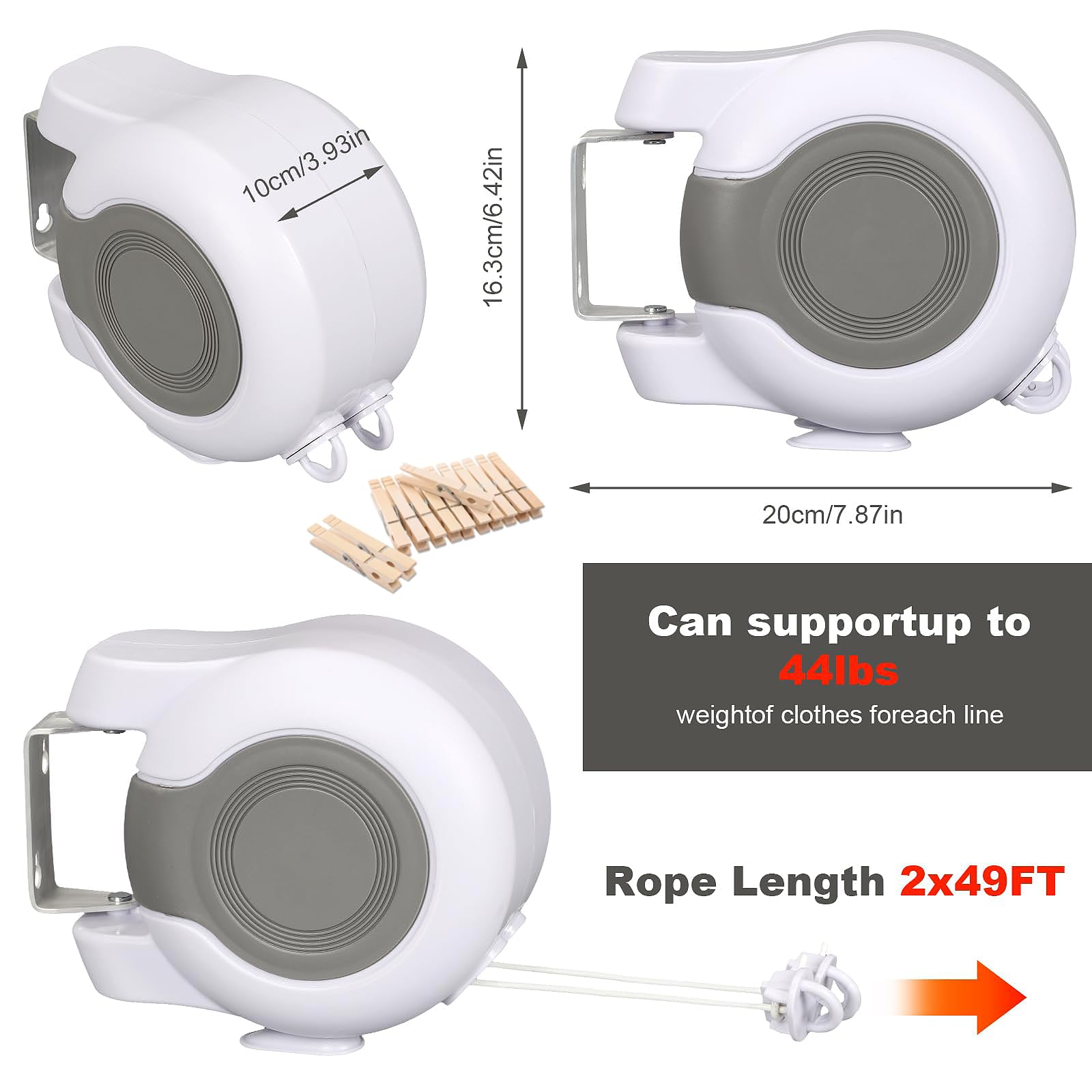 MANLVCLY Retractable Clothesline Outdoor - 2x49 Feet Heavy Duty Dual Clotheslines for Outside Laundry Drying, Wall-Mounted & Portable Installation